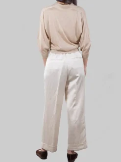 PANTALONI CROPPED IN MISTO LINO E VISCOSA CHAMPAGNE CON RISVOLTI