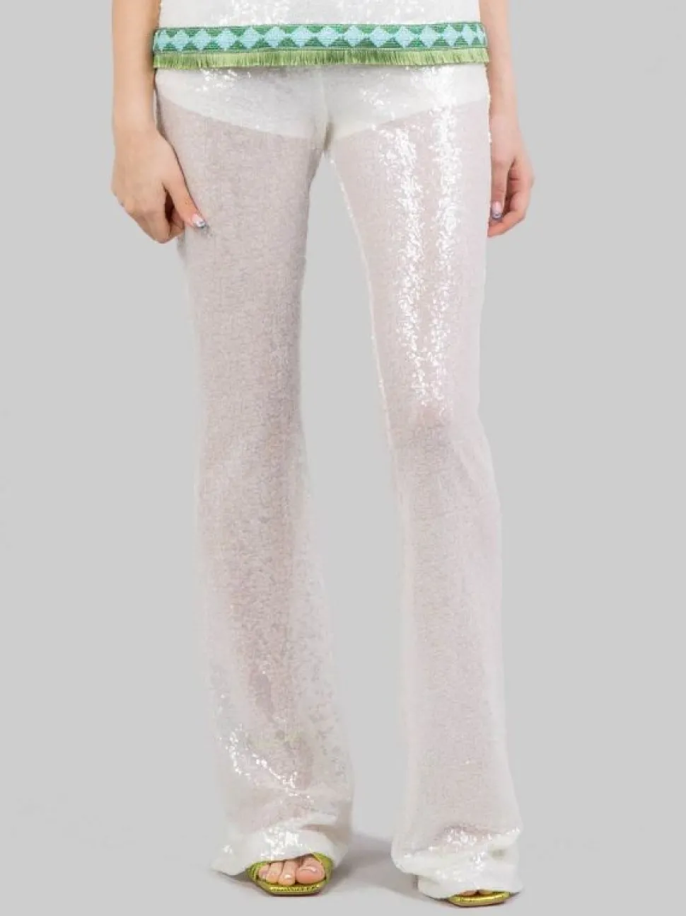 PANTALONI FLARE BIANCHI REALIZZATI CON MICRO PAILLETTES RICAMATE