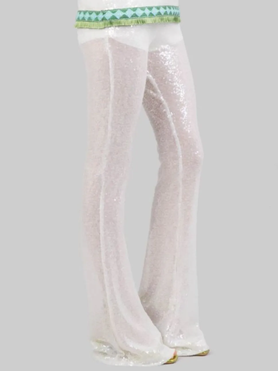 PANTALONI FLARE BIANCHI REALIZZATI CON MICRO PAILLETTES RICAMATE