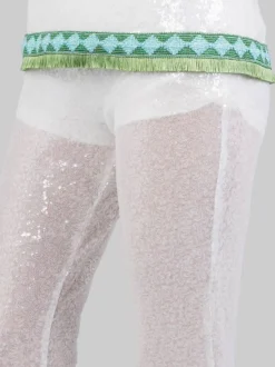 PANTALONI FLARE BIANCHI REALIZZATI CON MICRO PAILLETTES RICAMATE