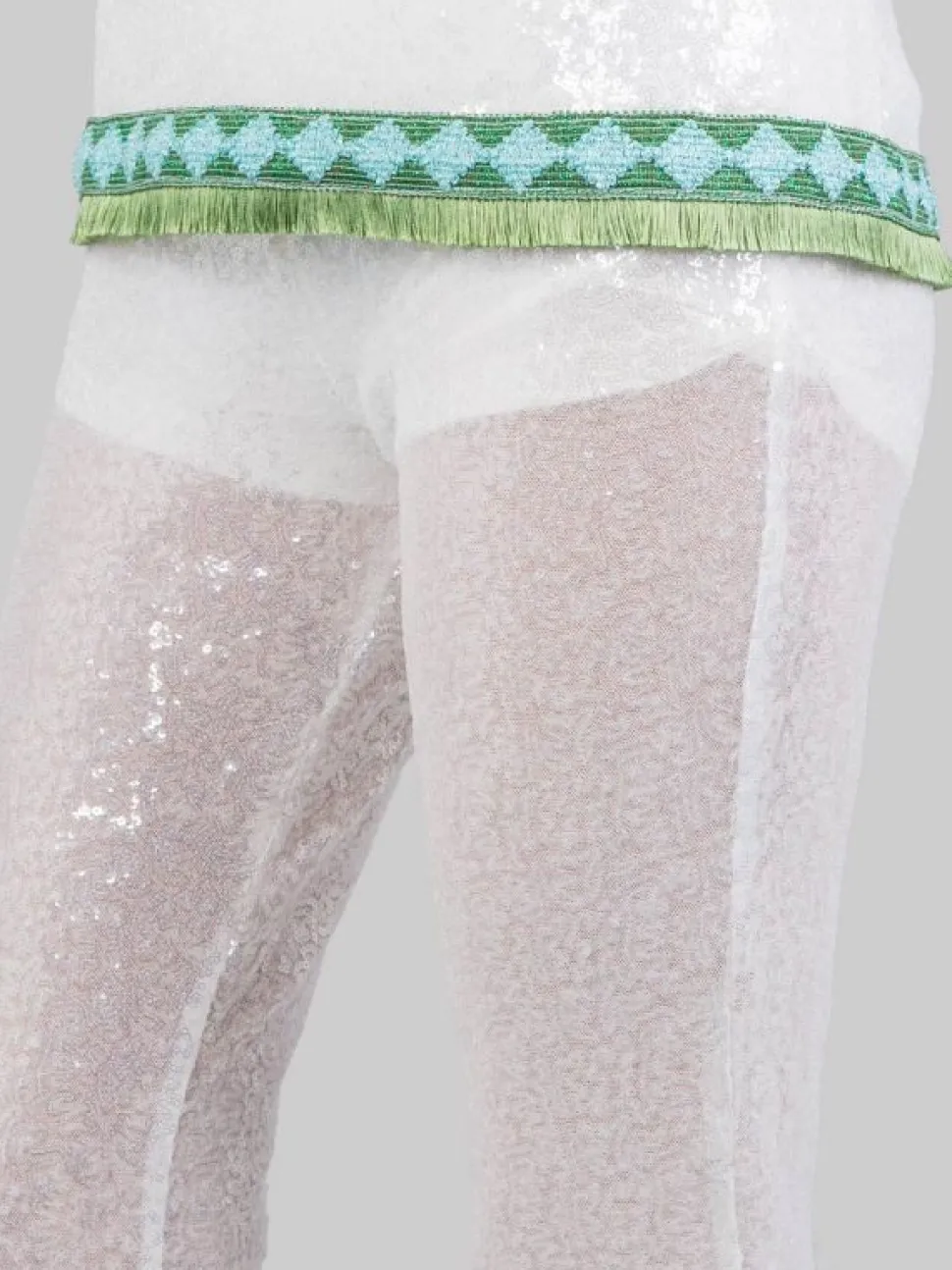 PANTALONI FLARE BIANCHI REALIZZATI CON MICRO PAILLETTES RICAMATE