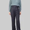 PANTALONI IN MISTO LANA BLU A VITA ALTA CON PINCES E CINTURA IN VITA