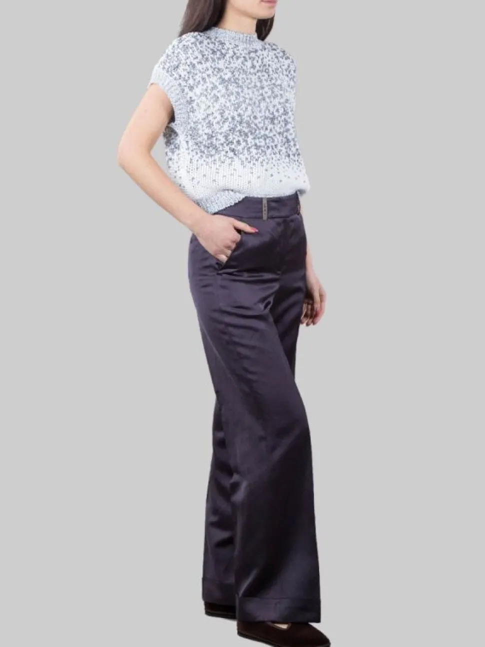 PANTALONI IN MISTO LINO E VISCOSA BLU SCURO CON RISVOLTI AL FONDO