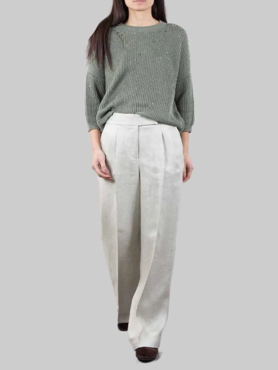 PANTALONI IN MISTO LINO VERDE SALVIA CON RISVOLTI AL FONDO