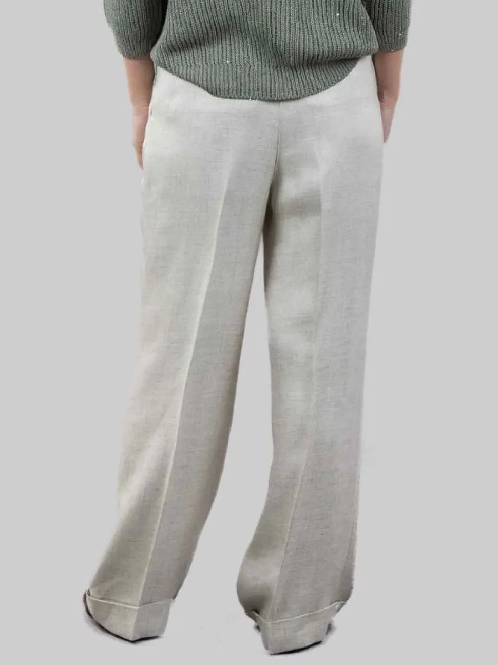 PANTALONI IN MISTO LINO VERDE SALVIA CON RISVOLTI AL FONDO