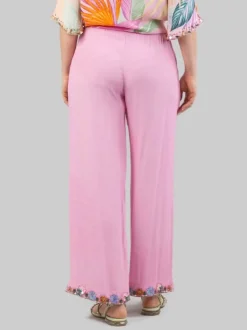 PANTALONI IN MISTO SETA CON DECORAZIONI IN PERLINE, STRASS E PIETRE COLORATE