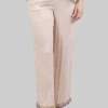 PANTALONI IN MISTO SETA SABBIA CON DECORAZIONI IN PERLINE, STRASS E PIETRE COLORATE