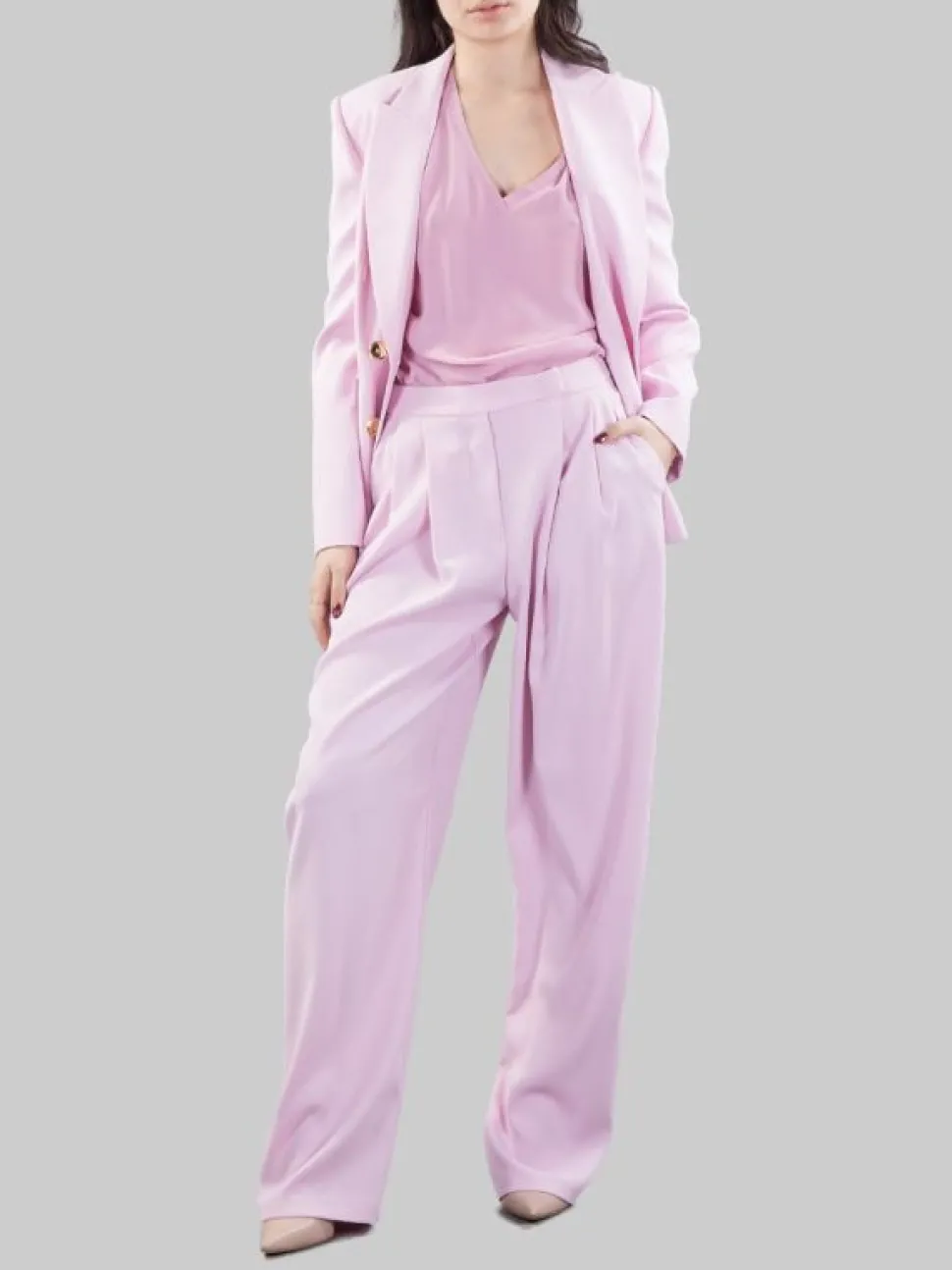 PANTALONI MONTANO IN CREPE ELASTICIZZATO ROSA CON PINCES ANTERIORI