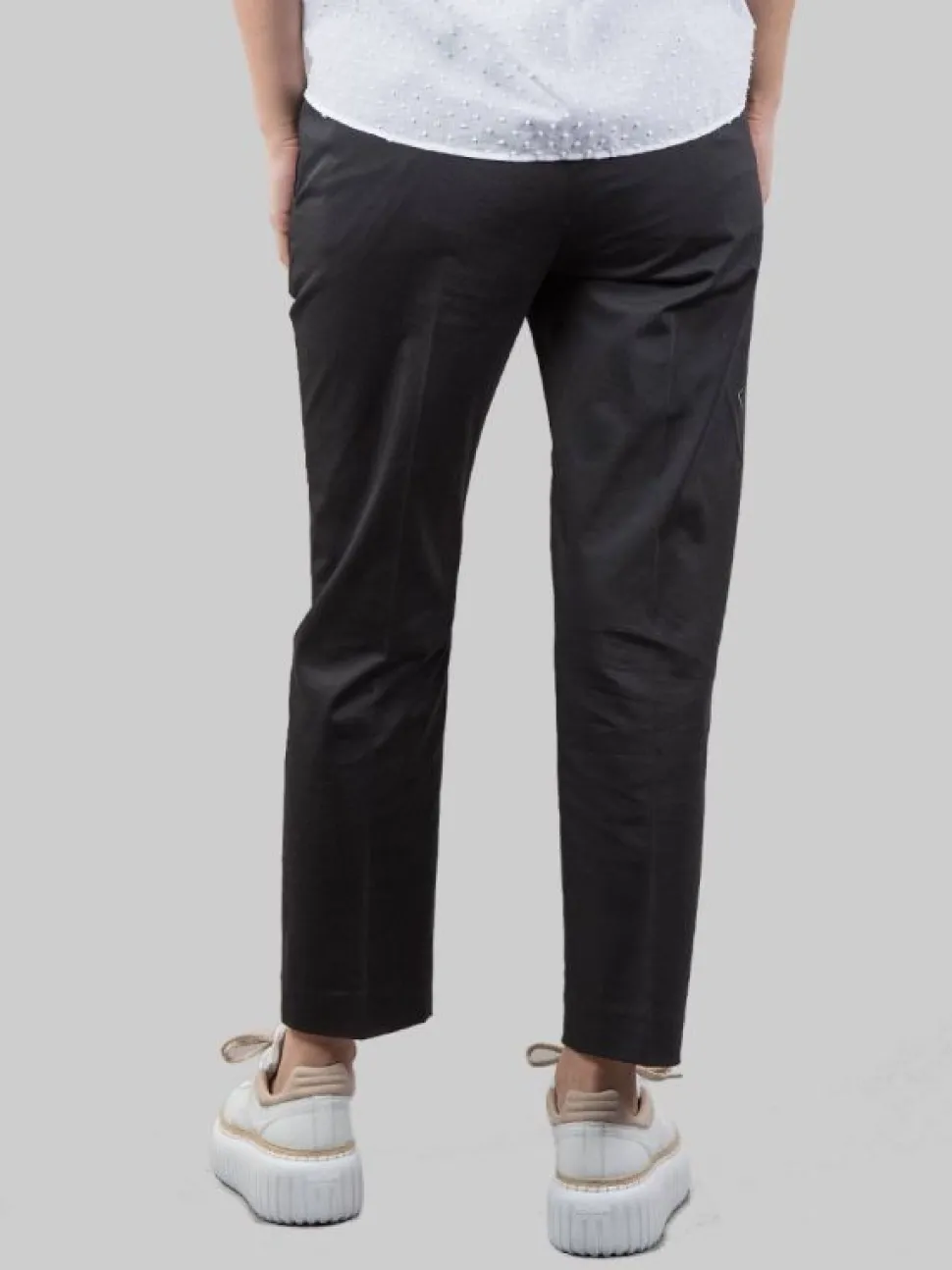 PANTALONI NIMA NERI IN COTONE ELASTICIZZATO CON BOTTONI GIOIELLO
