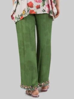 PANTALONI PALAZZO VERDI CON DECORAZIONI IN PERLINE, STRASS E PIETRE COLORATE