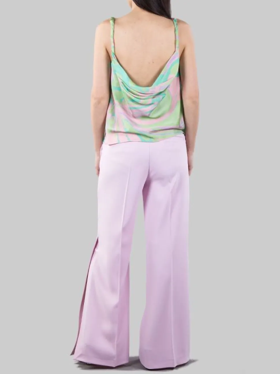 PANTALONI PUREZZA IN CREPE ELASTICIZZATO ROSA CON SPACCHI AL FONDO