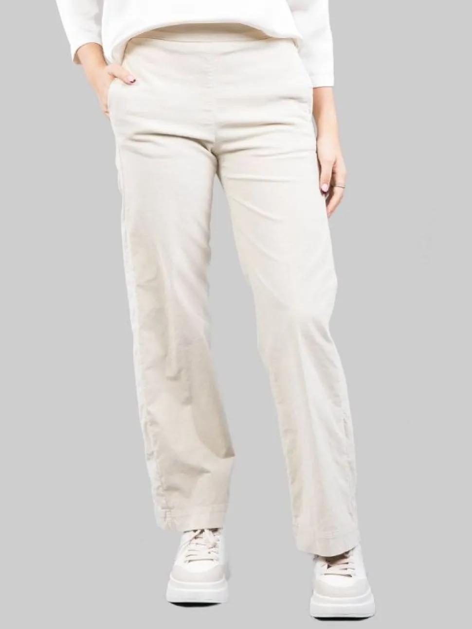 PANTALONI RELAXED CHINO A VITA ALTA PANNA IN VELLUTO ELASTICIZZATO