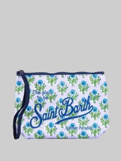 POCHETTE IN SCUBA A FANTASIA FLOREALE SU FONDO LILLA
