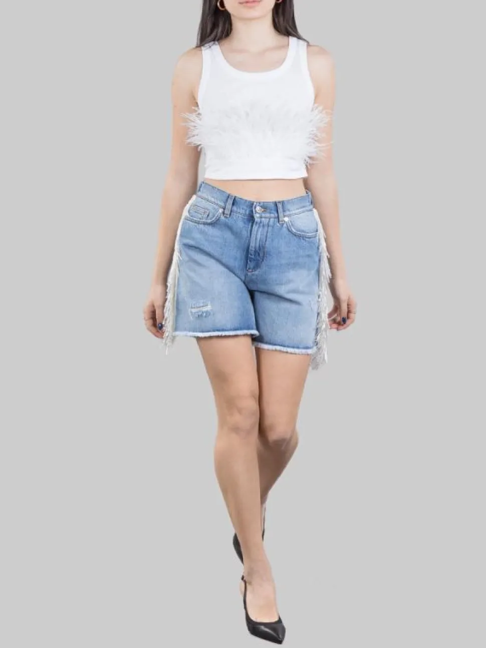 SHORTS IN DENIM CARLIE CON FRANGE IN PERLINE
