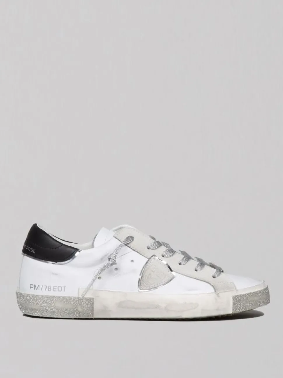 SNEAKER IN PELLE PRSX LOW WOMAN BIANCHE EFFETTO VINTAGE CON GLITTER ARGENTO