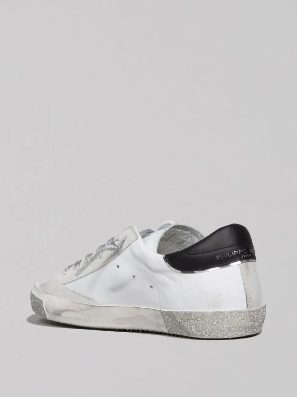 SNEAKER IN PELLE PRSX LOW WOMAN BIANCHE EFFETTO VINTAGE CON GLITTER ARGENTO