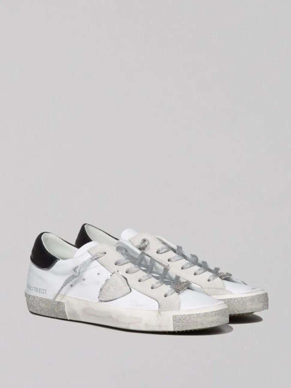 SNEAKER IN PELLE PRSX LOW WOMAN BIANCHE EFFETTO VINTAGE CON GLITTER ARGENTO