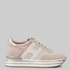 SNEAKER MIDI H222 IN PELLE SCAMOSCIATA BEIGE, ROSA E AVORIO CON TELA TECNICA MISTO LUREX