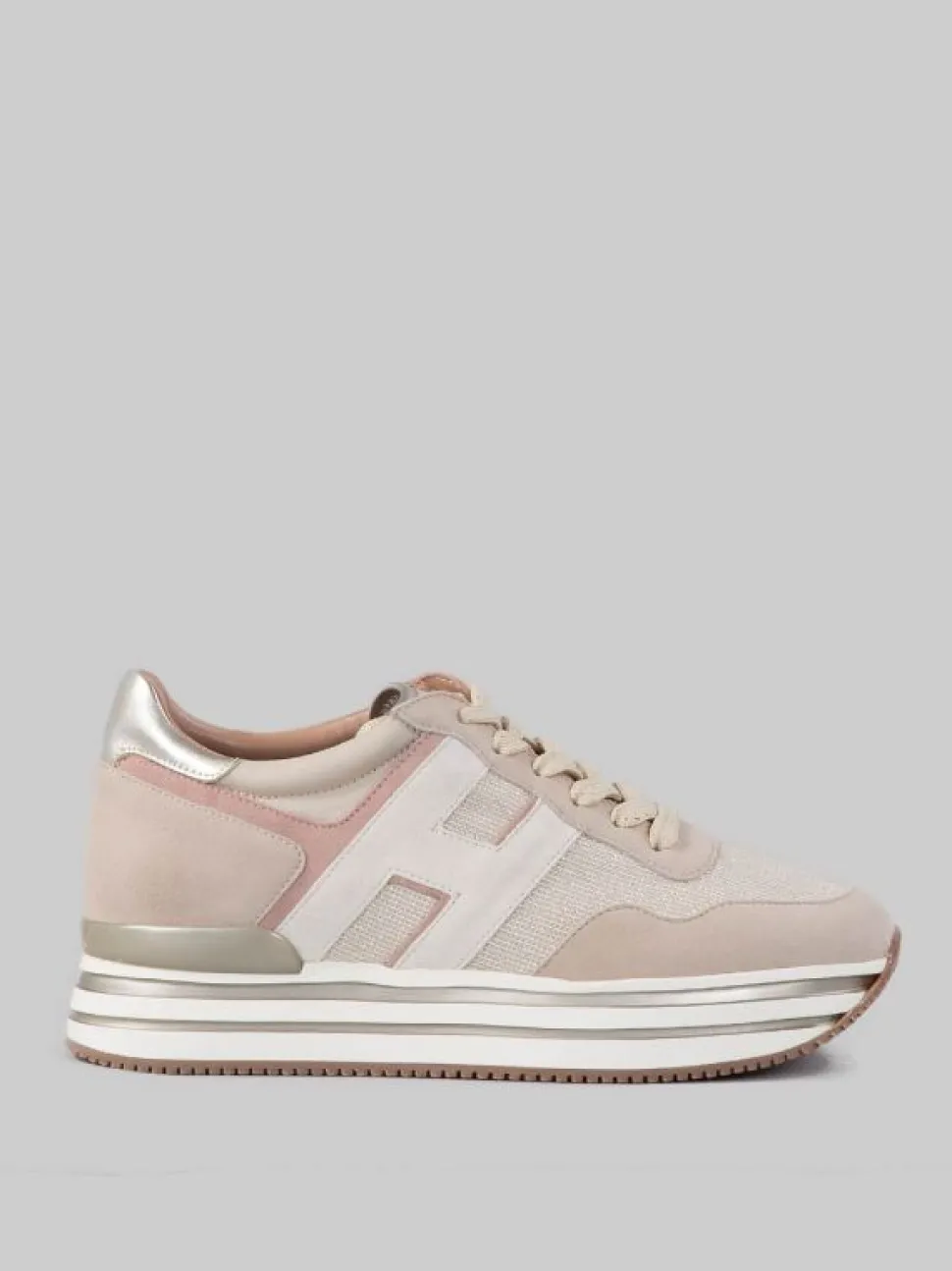 SNEAKER MIDI H222 IN PELLE SCAMOSCIATA BEIGE, ROSA E AVORIO CON TELA TECNICA MISTO LUREX