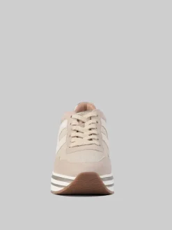 SNEAKER MIDI H222 IN PELLE SCAMOSCIATA BEIGE, ROSA E AVORIO CON TELA TECNICA MISTO LUREX