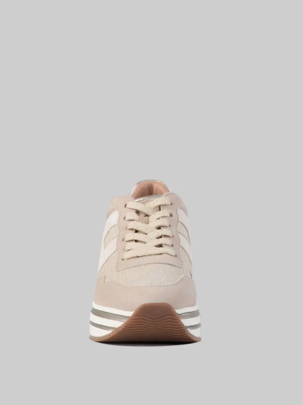 SNEAKER MIDI H222 IN PELLE SCAMOSCIATA BEIGE, ROSA E AVORIO CON TELA TECNICA MISTO LUREX