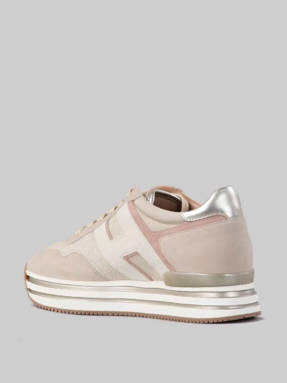 SNEAKER MIDI H222 IN PELLE SCAMOSCIATA BEIGE, ROSA E AVORIO CON TELA TECNICA MISTO LUREX