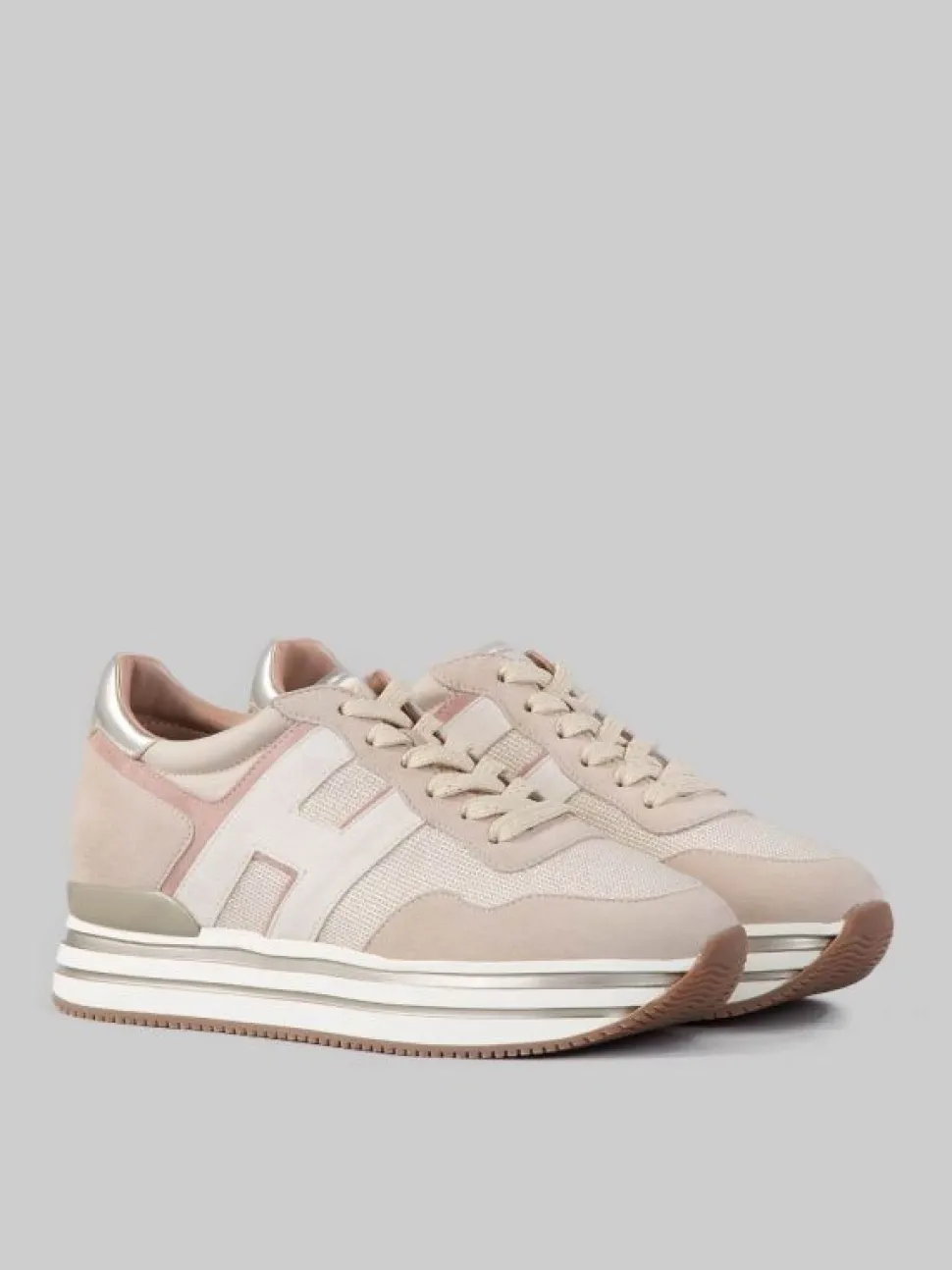 SNEAKER MIDI H222 IN PELLE SCAMOSCIATA BEIGE, ROSA E AVORIO CON TELA TECNICA MISTO LUREX