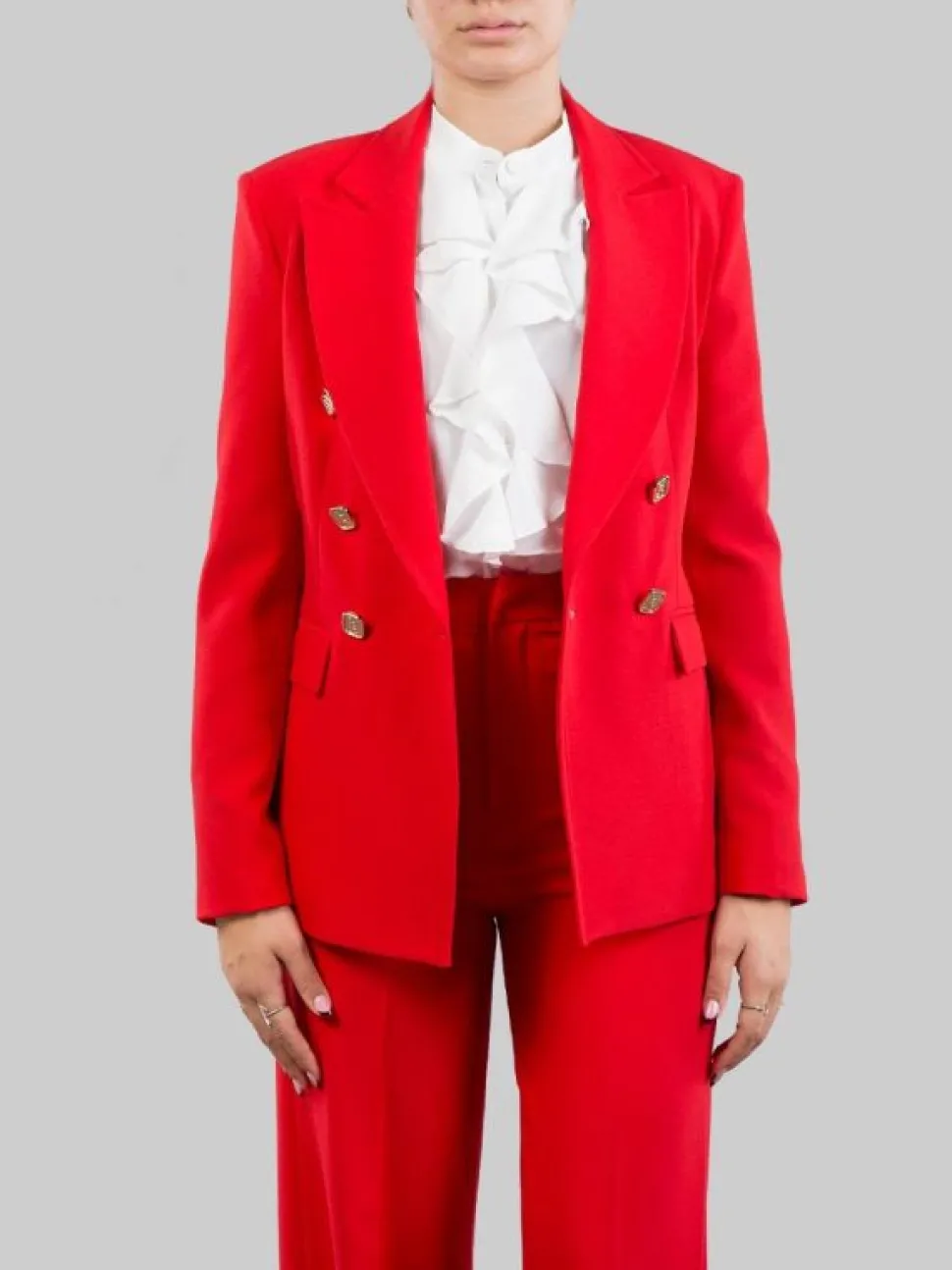 TAILLEUR ROSSO CON GIACCA DOPPIOPETTO E PANTALONI FLARE