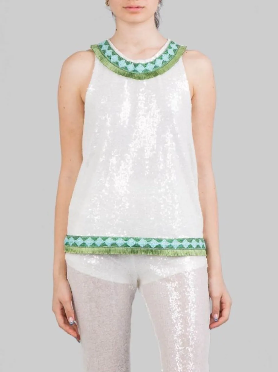 TOP BIANCO SENZA MANICHE CON PAILLETTES E PROFILI DECORATI