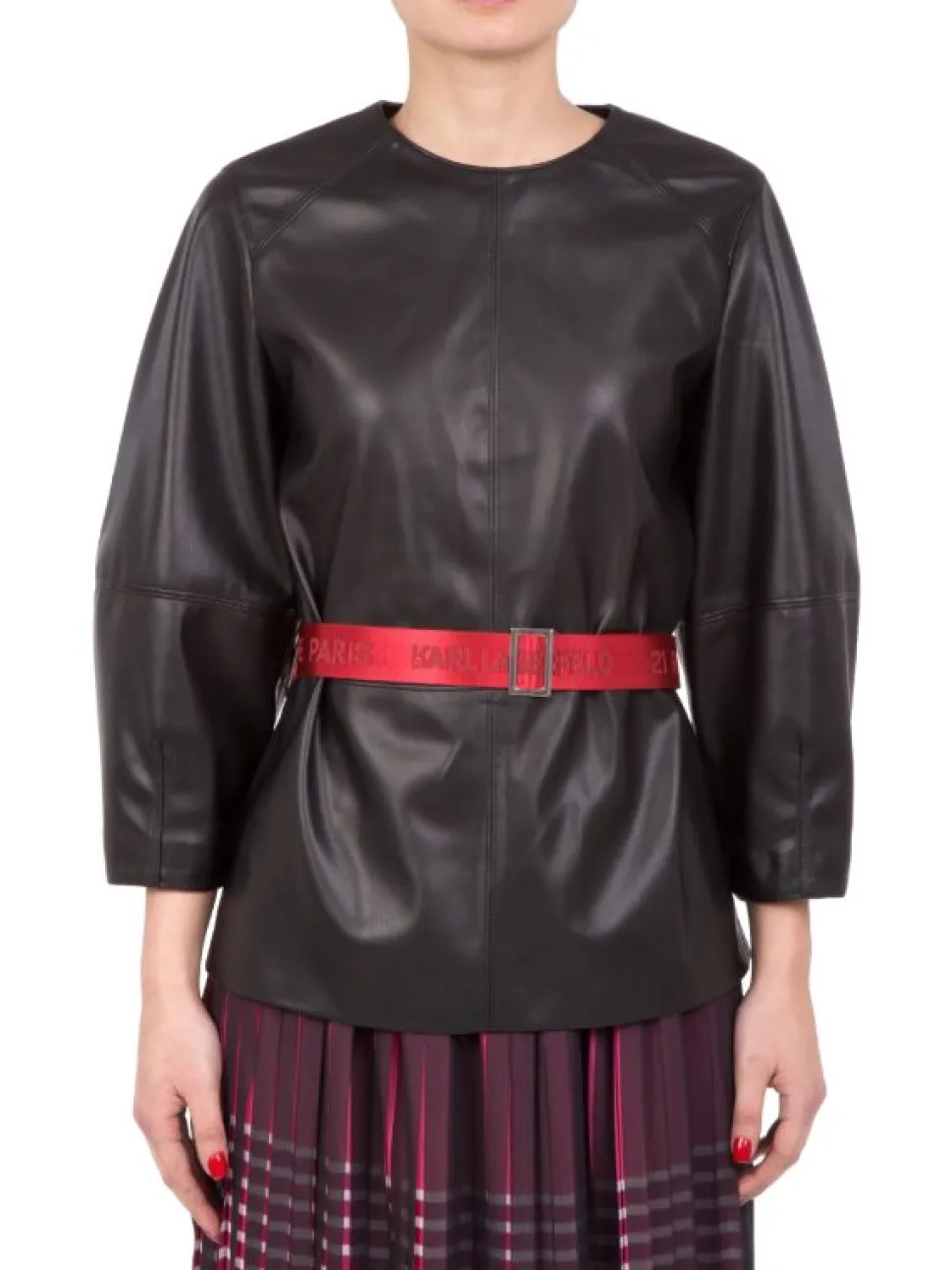 TOP IN ECOPELLE NERO CON CINTURA IN VITA A CONTRASTO DI COLORE