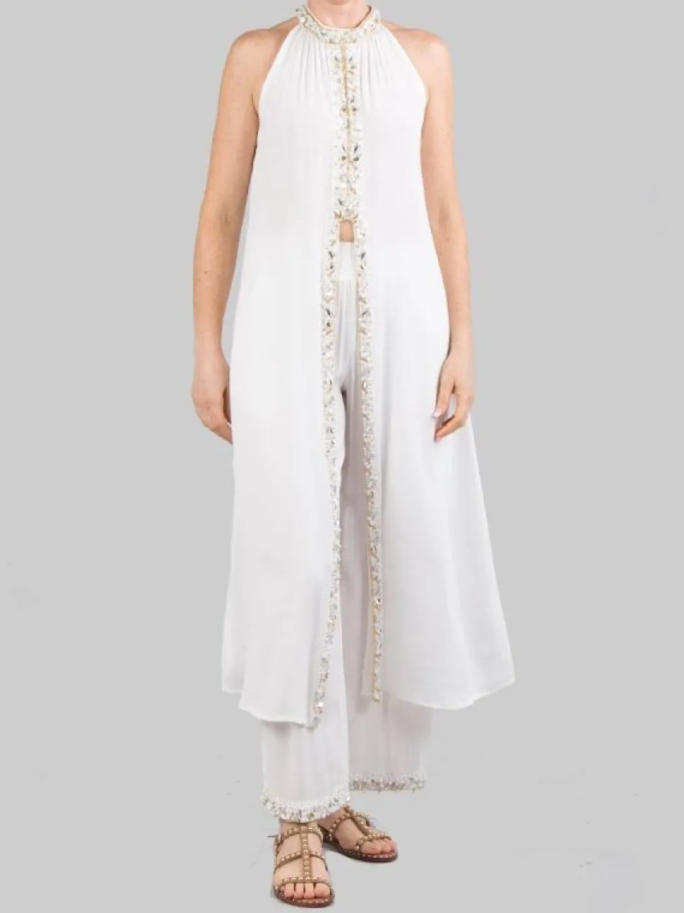 TOP LUNGO SMANICATO BIANCO CON PERLE