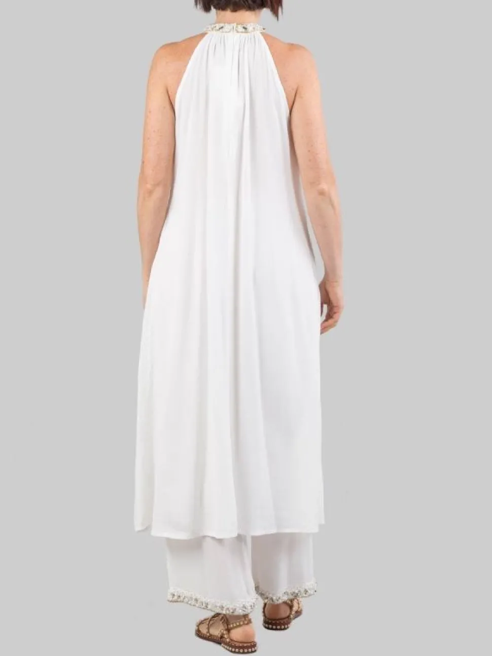 TOP LUNGO SMANICATO BIANCO CON PERLE