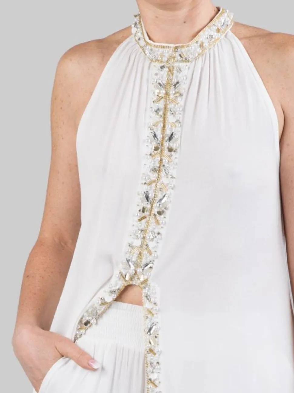 TOP LUNGO SMANICATO BIANCO CON PERLE