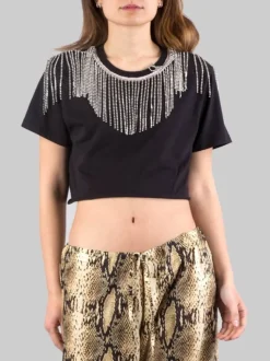 T-SHIRT CORTA NERA CON FRANGE DI STRASS