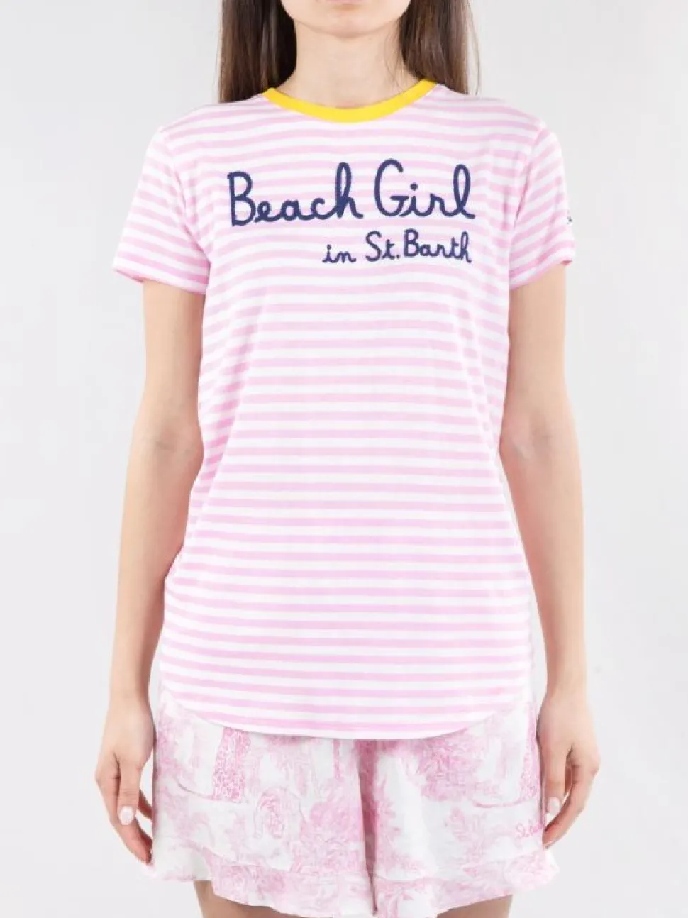 T-SHIRT DANA IN COTONE A FANTASIA RIGHE BIANCO E ROSA