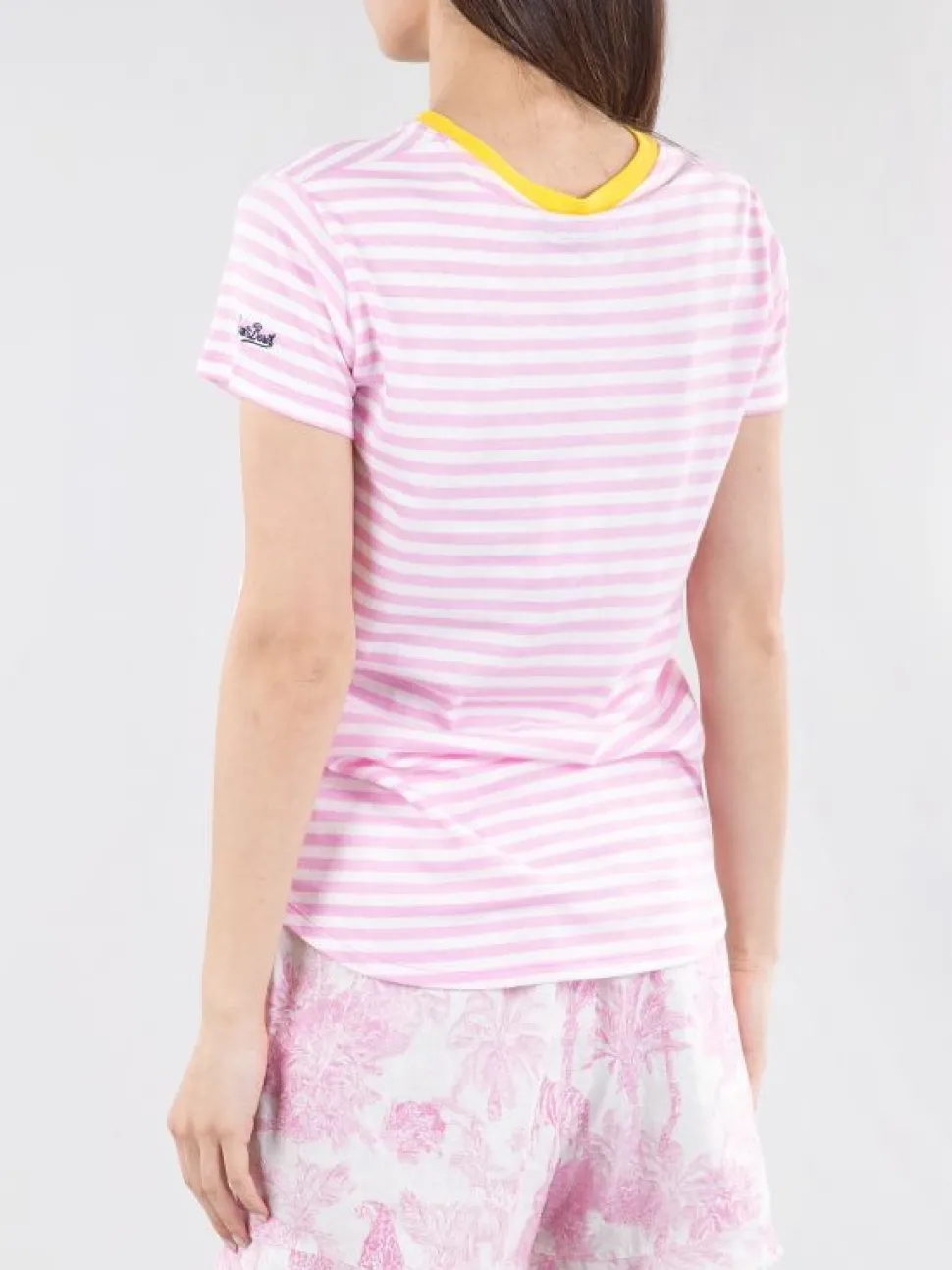 T-SHIRT DANA IN COTONE A FANTASIA RIGHE BIANCO E ROSA