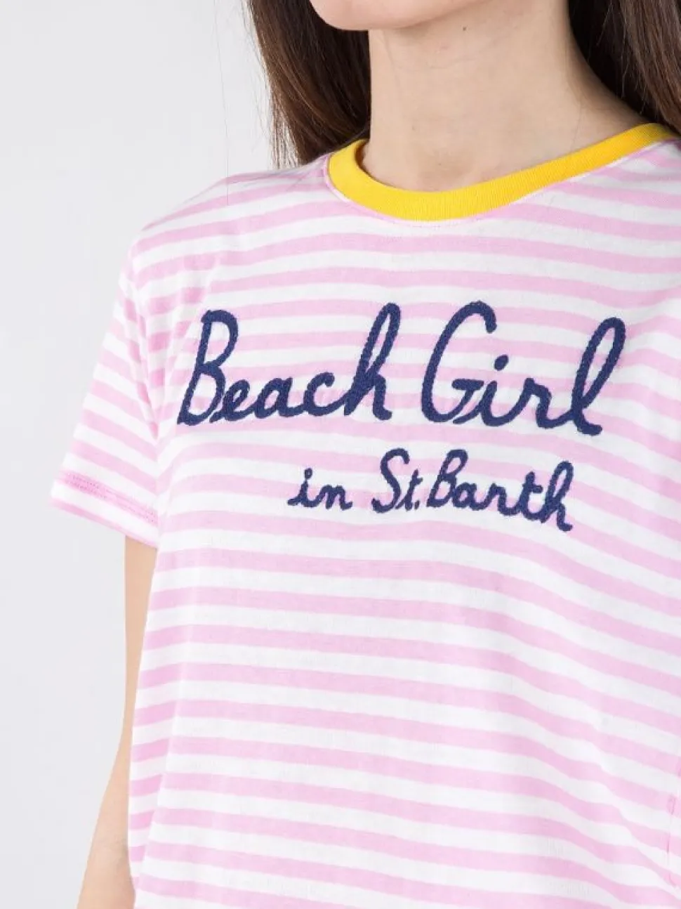 T-SHIRT DANA IN COTONE A FANTASIA RIGHE BIANCO E ROSA
