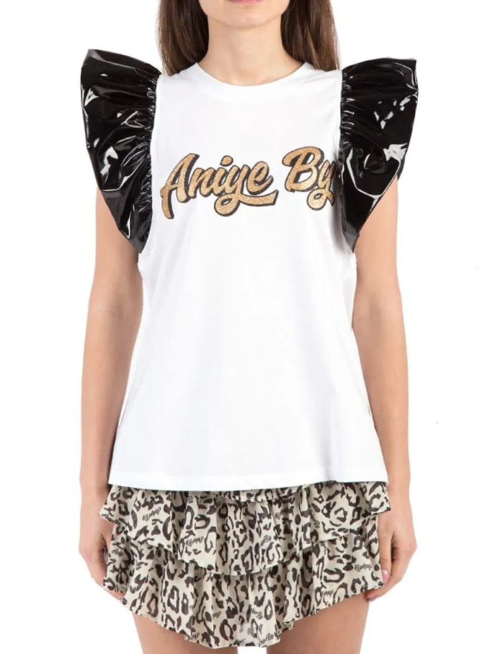 T-SHIRT IN COTONE CON MANICHE CORTE NERE CON VOLANT IN ECOPELLE