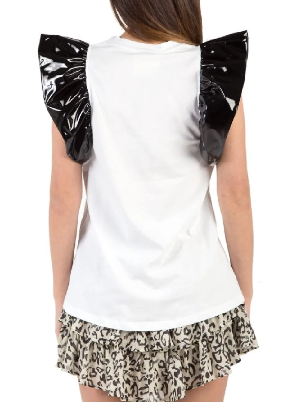 T-SHIRT IN COTONE CON MANICHE CORTE NERE CON VOLANT IN ECOPELLE