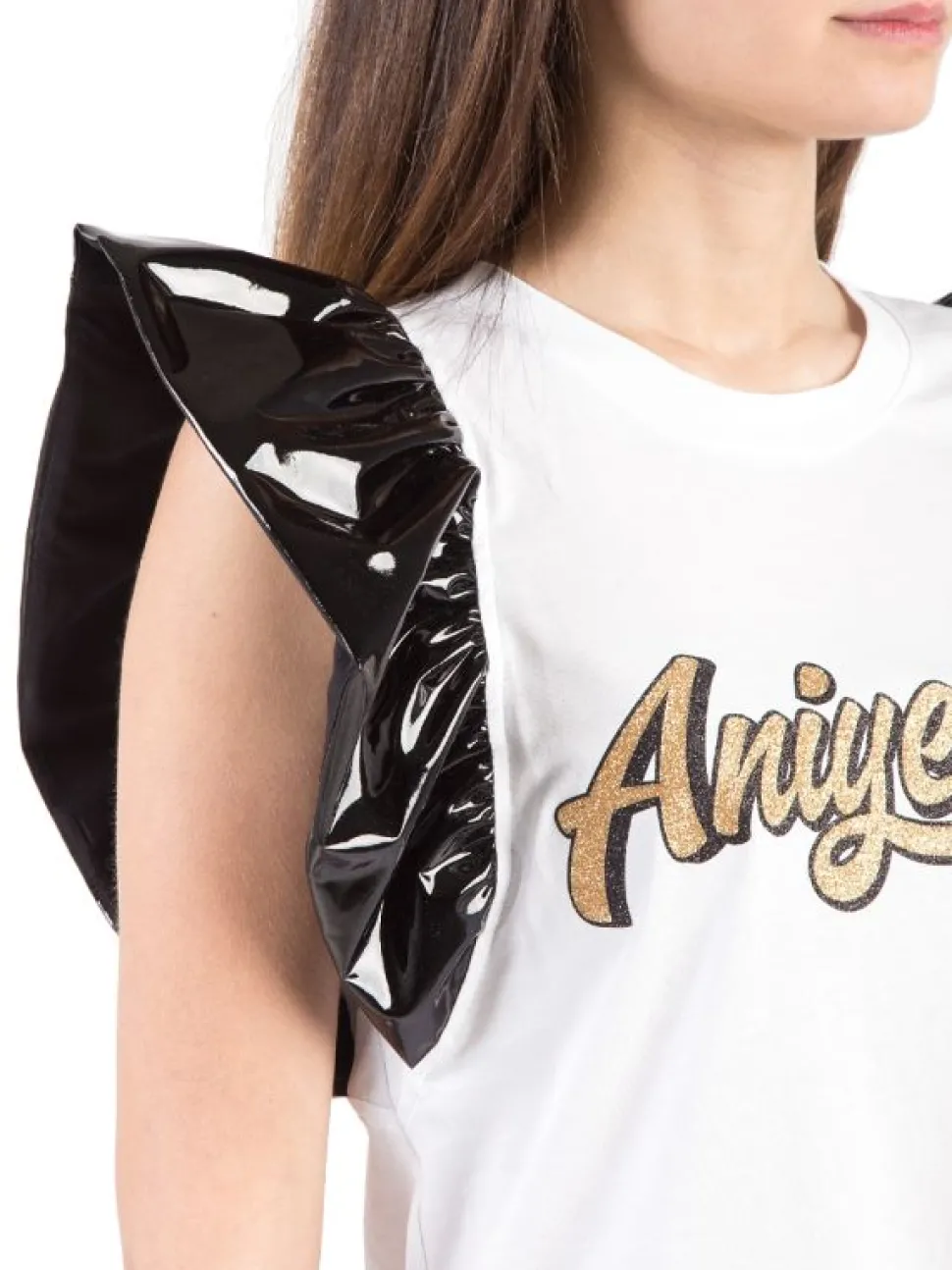 T-SHIRT IN COTONE CON MANICHE CORTE NERE CON VOLANT IN ECOPELLE