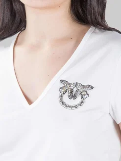 T-SHIRT TURBATO BIANCA CON LOGO IN STRASS E PERLINE